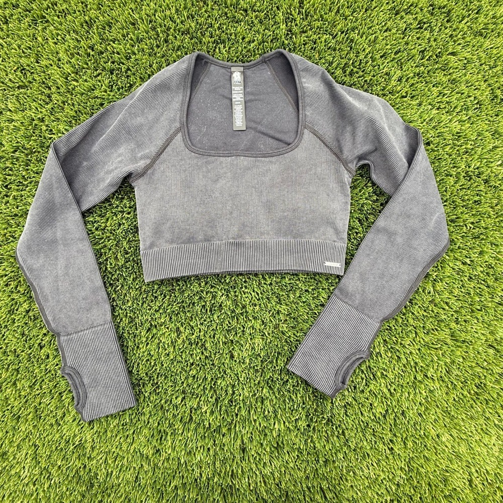 Savage X Fenty Sport Ribbed‎ Seamless Long Sleeve Crop Top Black Med Thumbholes
